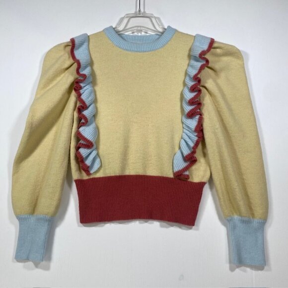 Ruffle Front Sweater Listicle Yellow Long‎ Sleeve Cropped Puff Sleeve Large - Picture 1 of 9